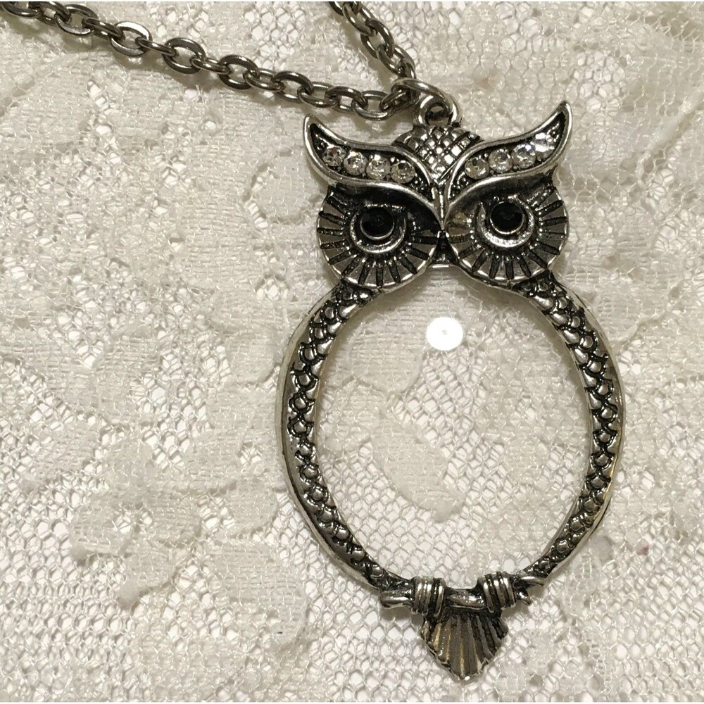 Owl Magnifying Glass Pendant Necklace Silver Tone Charm Delicate Statement - Picture 3 of 7